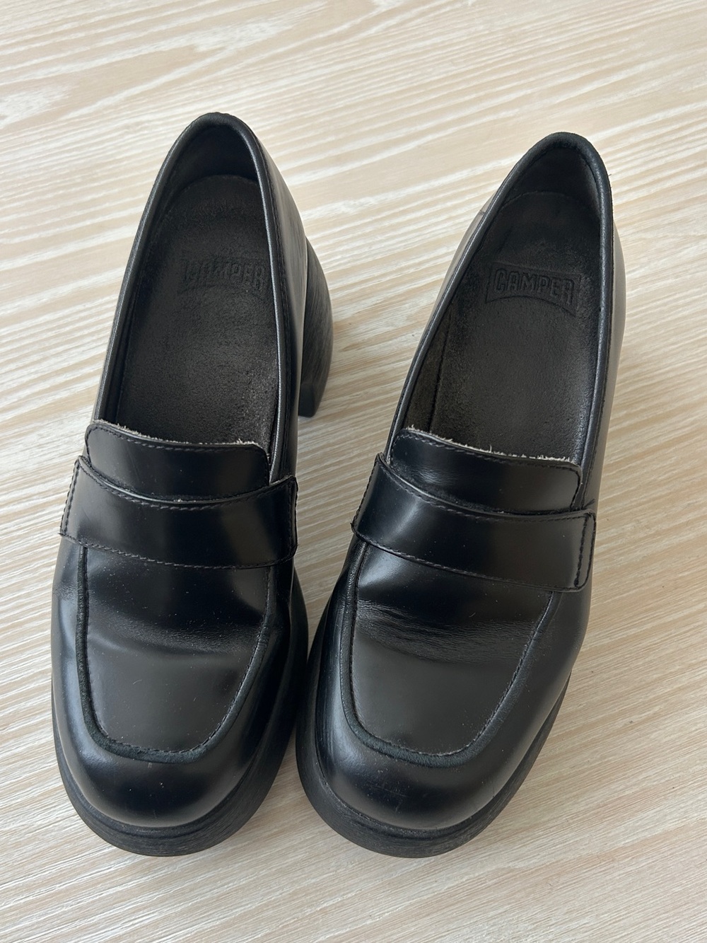 Camper Thelma Black Leather Chunky Heel Loafers